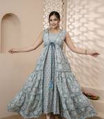 women rayon block printed frontslit anarkali kurta in lite blue