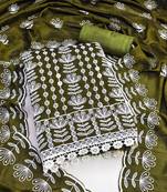 Women's olive green unstitched heavy thread embroidery silk dress material