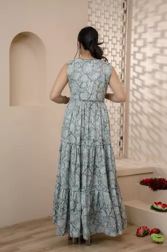 women rayon block printed frontslit anarkali kurta in lite blue