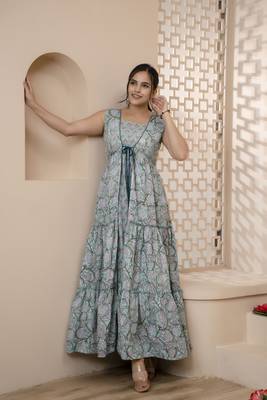 women rayon block printed frontslit anarkali kurta in lite blue 4