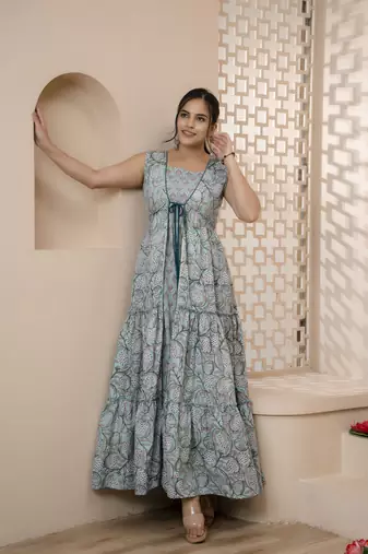 women rayon block printed frontslit anarkali kurta in lite blue