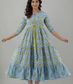 Ftdiva women rayon floral printed anarkali kurta in blue