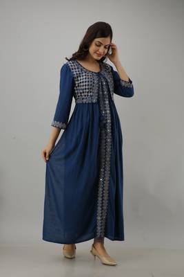 Ftdiva women rayon embroidery jacketed nyra cut kurta in dark blue 1
