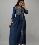 Ftdiva women rayon embroidery jacketed nyra cut kurta in dark blue