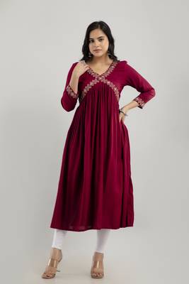Maroon rayon embroidery flared aliya cut kurta 1