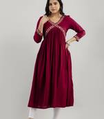 Maroon rayon embroidery flared aliya cut kurta