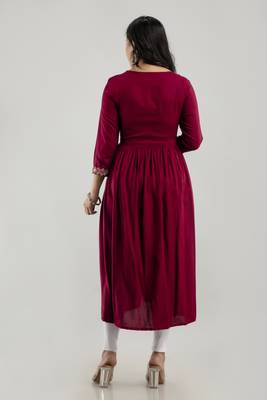 Maroon rayon embroidery flared aliya cut kurta 2