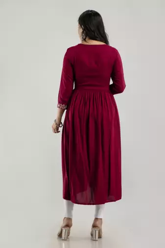 Maroon rayon embroidery flared aliya cut kurta