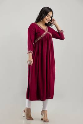 Maroon rayon embroidery flared aliya cut kurta 3