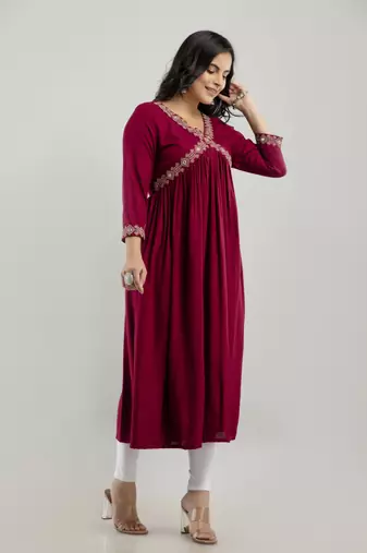 Maroon rayon embroidery flared aliya cut kurta