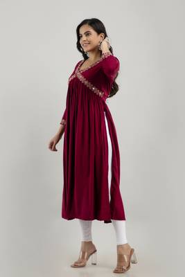 Maroon rayon embroidery flared aliya cut kurta 4