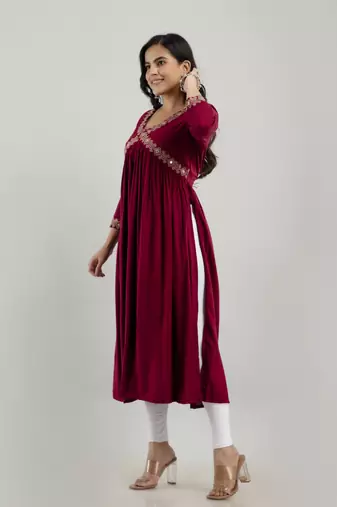 Maroon rayon embroidery flared aliya cut kurta