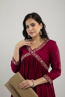 Maroon rayon embroidery flared aliya cut kurta 5