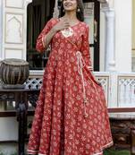 Ftdiva women embroidery printed anarkali cotton kurta in red