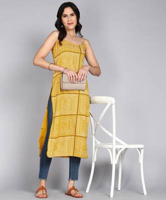 women rayon chevron printed straight kurta in yellow 1