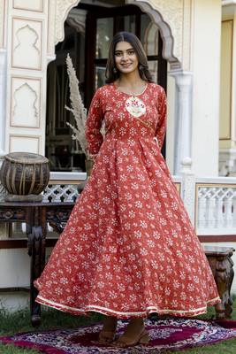 Ftdiva women embroidery printed anarkali cotton kurta in red 3