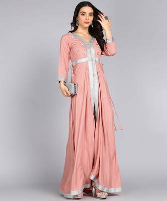 Ftdiva women rayon embroidered anarkali kurta in pink 1