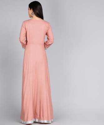 Ftdiva women rayon embroidered anarkali kurta in pink 2