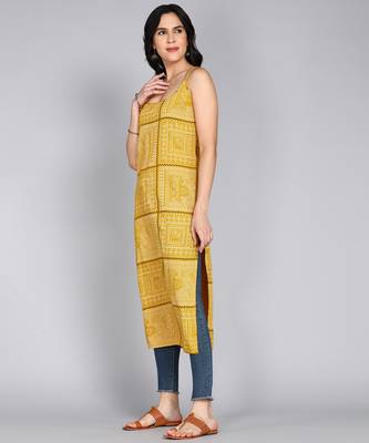 women rayon chevron printed straight kurta in yellow 4