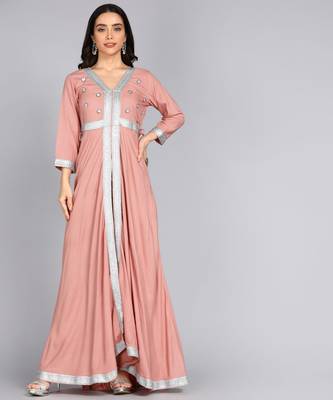 Ftdiva women rayon embroidered anarkali kurta in pink 3