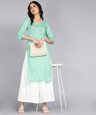 women rayon zig zag printed straight kurta in aqua green 1