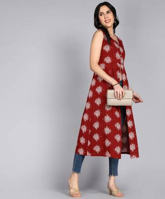 women rayon frontslit floral print flared kurta in maroon 1