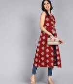 women rayon frontslit floral print flared kurta in maroon