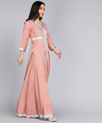 Ftdiva women rayon embroidered anarkali kurta in pink 4