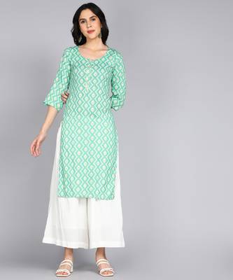 women rayon zig zag printed straight kurta in aqua green 3