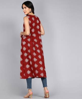 women rayon frontslit floral print flared kurta in maroon 2
