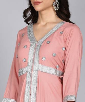 Ftdiva women rayon embroidered anarkali kurta in pink 5