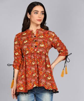 women floral printed flared cotton kurta in red 1
