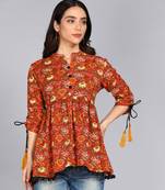 women floral printed flared cotton kurta in red