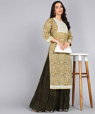 women embroidery floral print straight cotton kurta in lite yellow 1