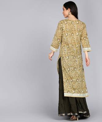 women embroidery floral print straight cotton kurta in lite yellow 2