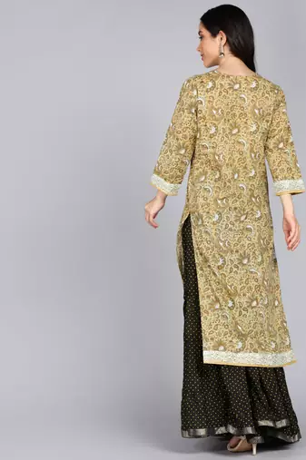 women embroidery floral print straight cotton kurta in lite yellow