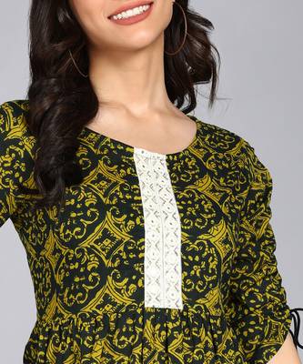 women embroidery printed flared cotton kurta in green 5