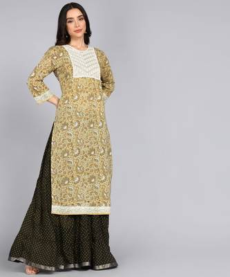 women embroidery floral print straight cotton kurta in lite yellow 3