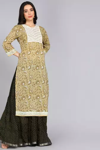 women embroidery floral print straight cotton kurta in lite yellow