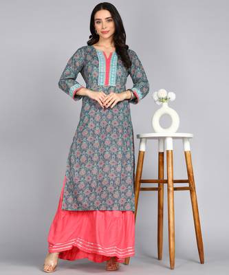 women embllished printed straight cotton kurta in blue 1