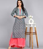 women embllished printed straight cotton kurta in blue