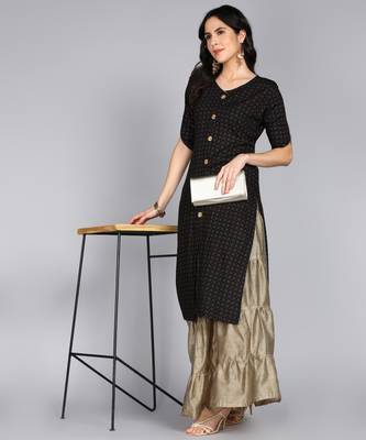 Ftdiva women rayon frontslit printed frontslit kurta in black 1