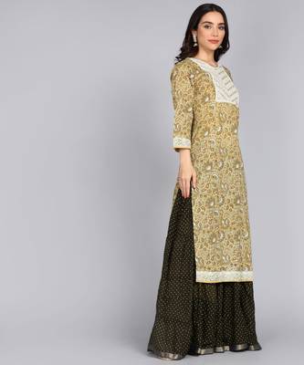 women embroidery floral print straight cotton kurta in lite yellow 4
