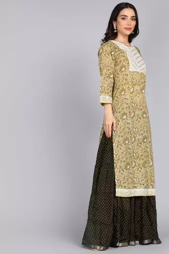 women embroidery floral print straight cotton kurta in lite yellow