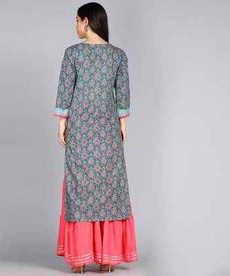 women embllished printed straight cotton kurta in blue 2
