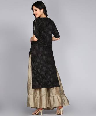 Ftdiva women rayon frontslit printed frontslit kurta in black 2