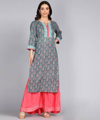women embllished printed straight cotton kurta in blue 3