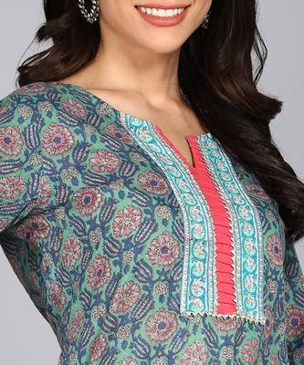 women embllished printed straight cotton kurta in blue 5