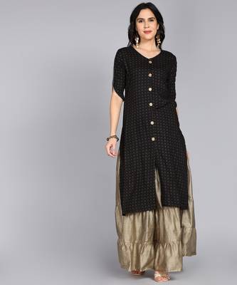 Ftdiva women rayon frontslit printed frontslit kurta in black 3