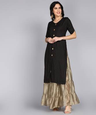 Ftdiva women rayon frontslit printed frontslit kurta in black 4